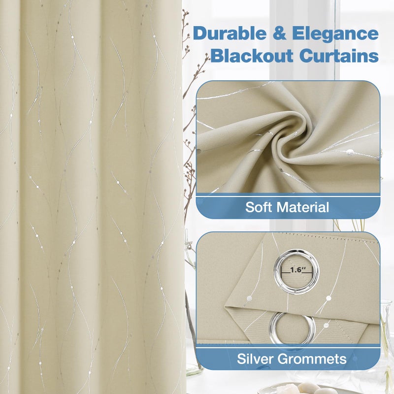 BUHUA Beige Blackout Curtain Panels, 84 Inches Long, Set of 2 - Thermal Insulated Curtains, Light Blocking Curtains with Floral Pattern (52 x 84 Inch Length, Beige, 2 Panels) - Image 3